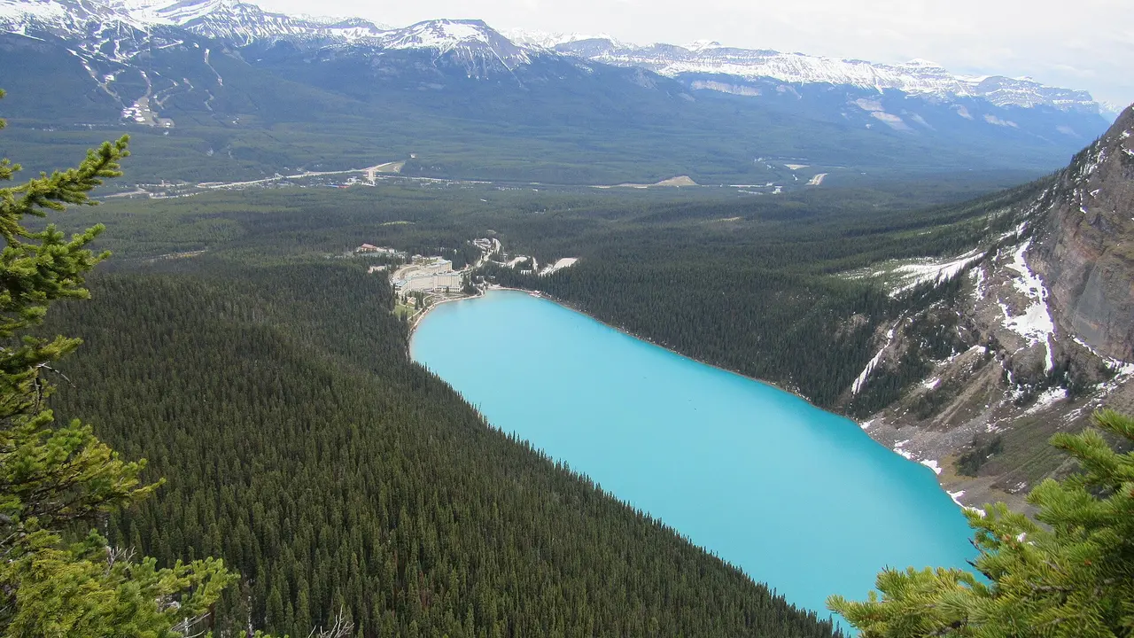 Lake Louise seen from high on the Beehive ridge with the Chateau as a small pale block on the shore