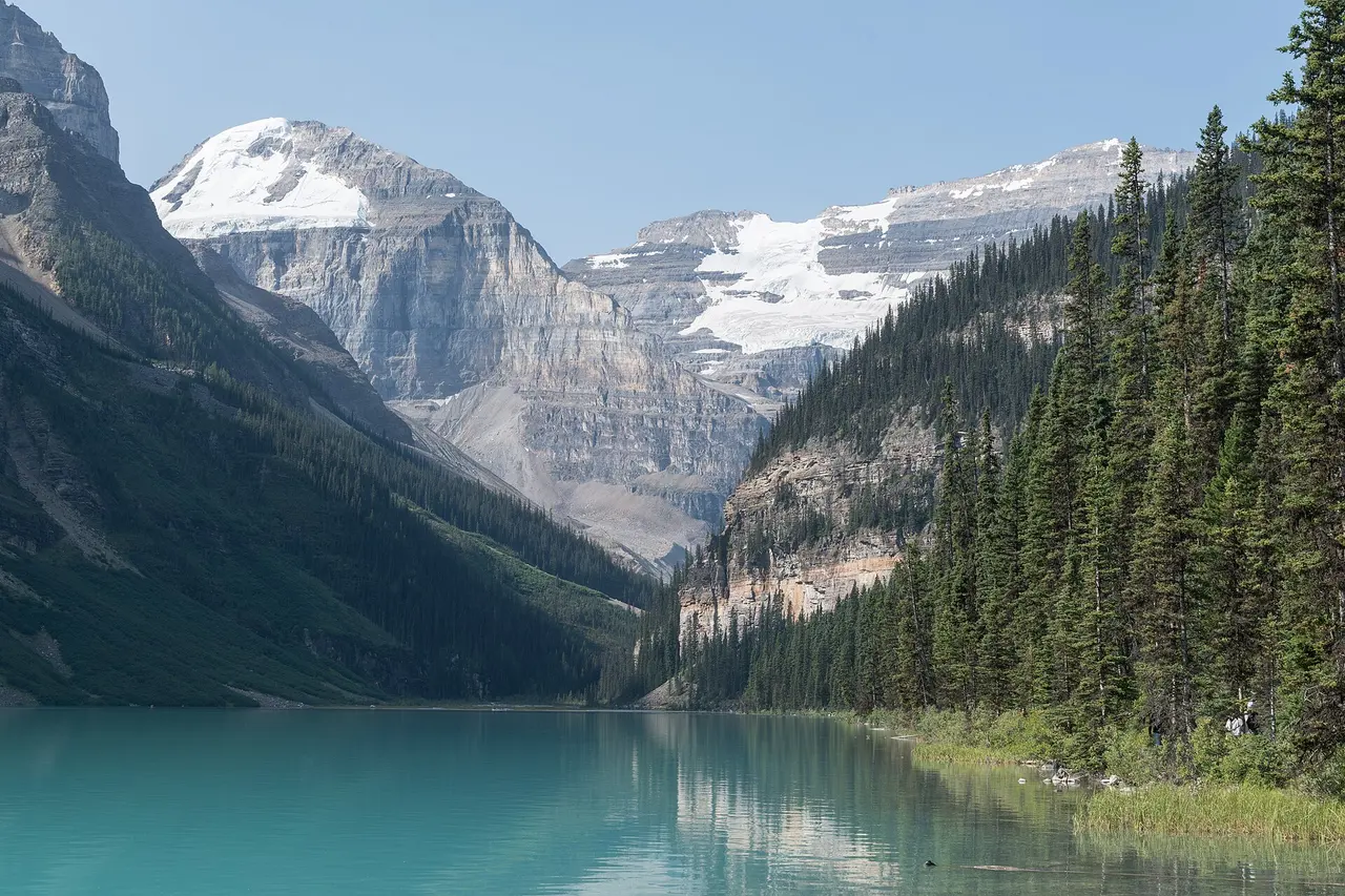 Lake Louise looking toward Victoria Glacier from the northwest shore with spruce along the water