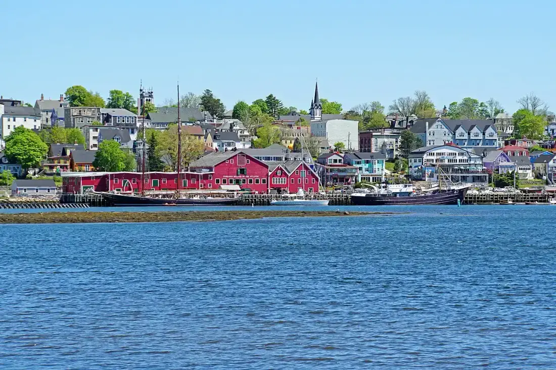 Row of colourful wooden houses overlooking Lunenburg harbour