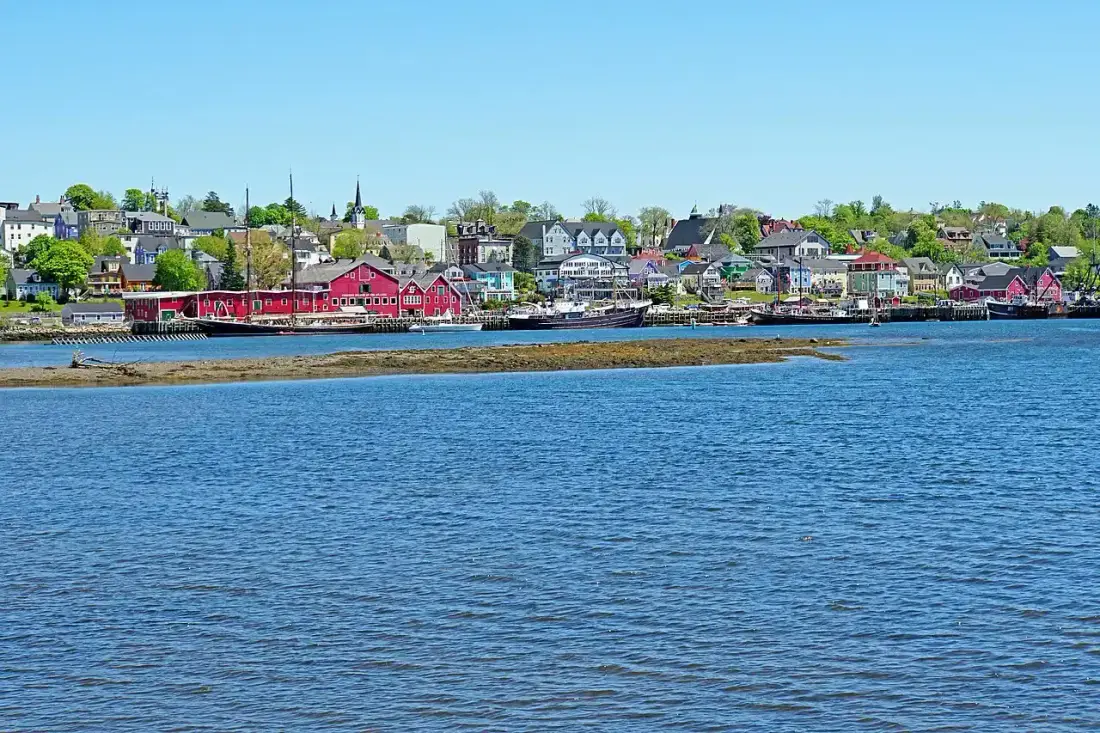 Lunenburg harbour street with colourful buildings and boats
