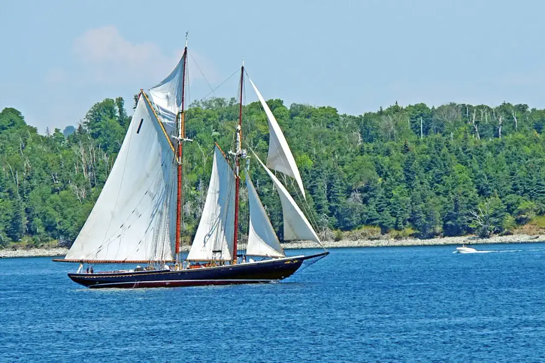 Wide harbour view with Bluenose II and Lunenburg waterfront