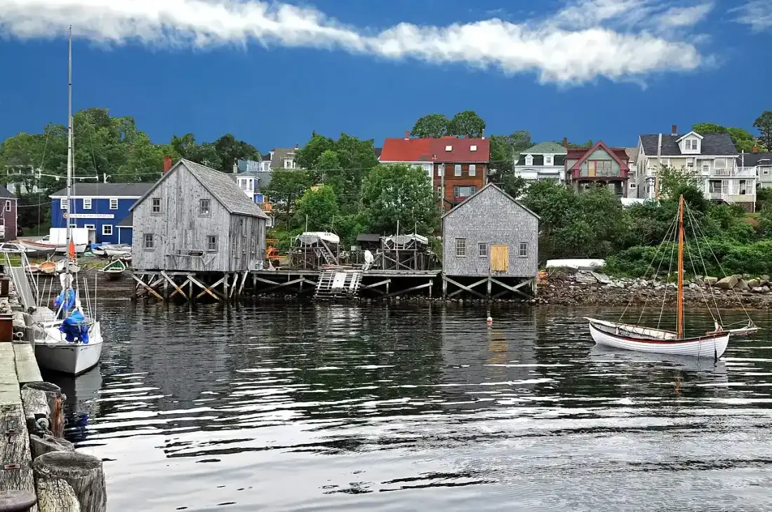 Wide view of Lunenburg's colourful waterfront across the harbour