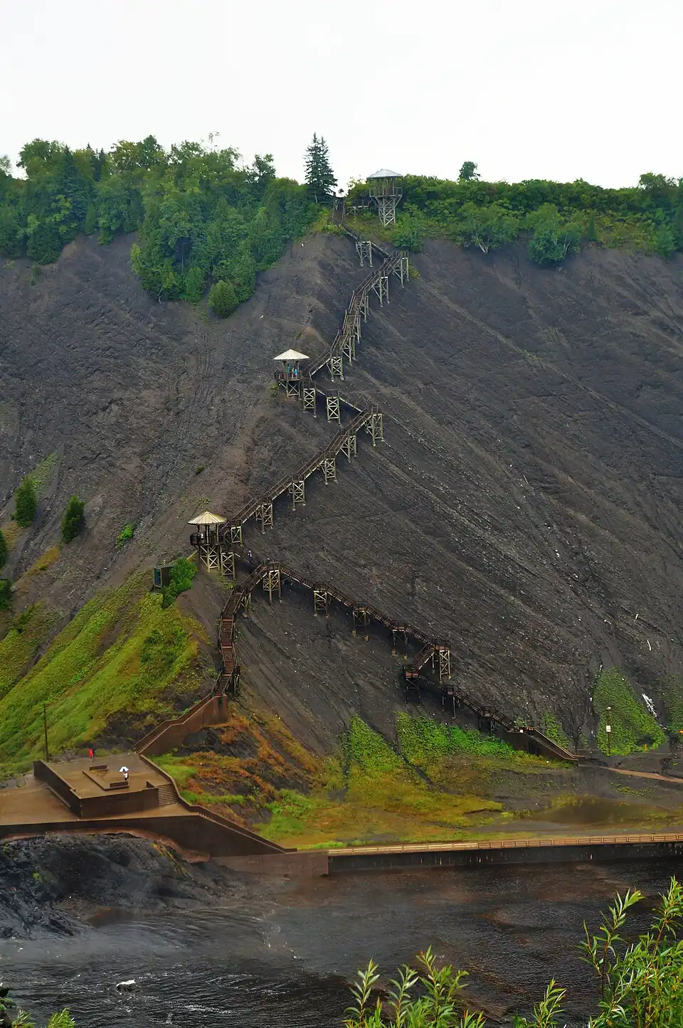 The long panoramic staircase running down the cliff face beside Montmorency Falls