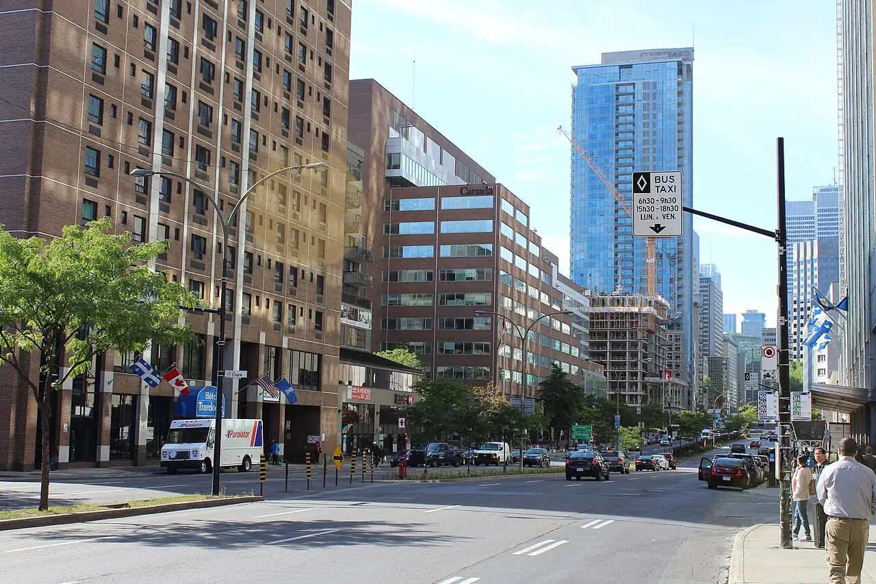 Rene-Levesque Boulevard in downtown Montreal, lined with office towers, where the 747 bus makes its downtown stops