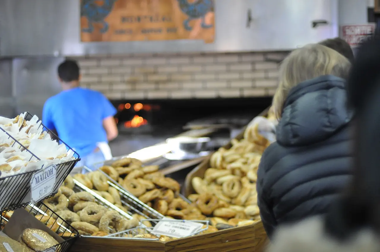 A Saturday morning queue of customers outside a bagel shop on Rue Saint-Viateur in Montreal