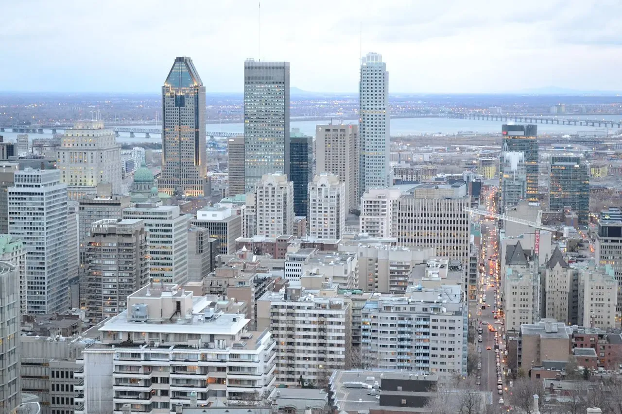 Montreal skyline seen from Mount Royal above green trees