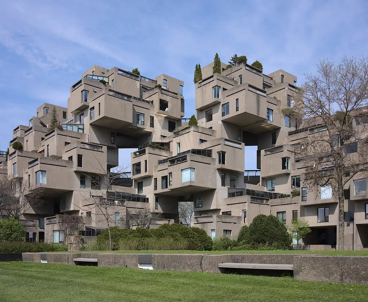 The stacked concrete modules of Habitat 67 beside the St Lawrence River