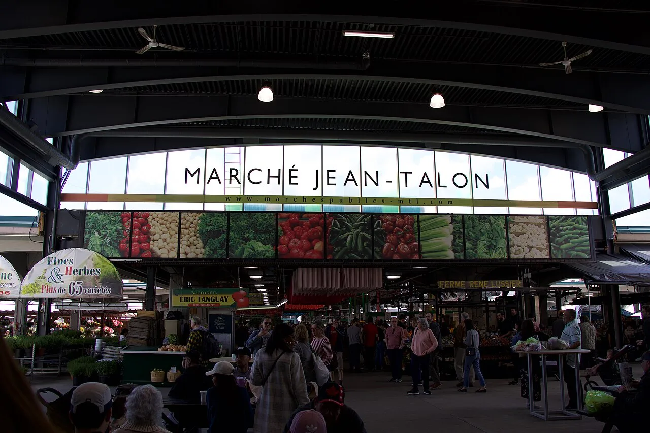 Produce stalls inside Jean-Talon Market in Montreal