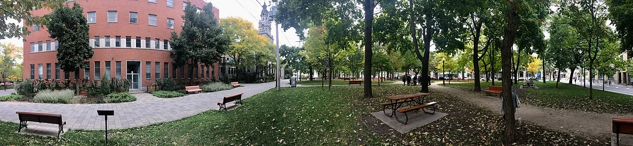 Parc Lahaie and the low rooftops of the Mile End district