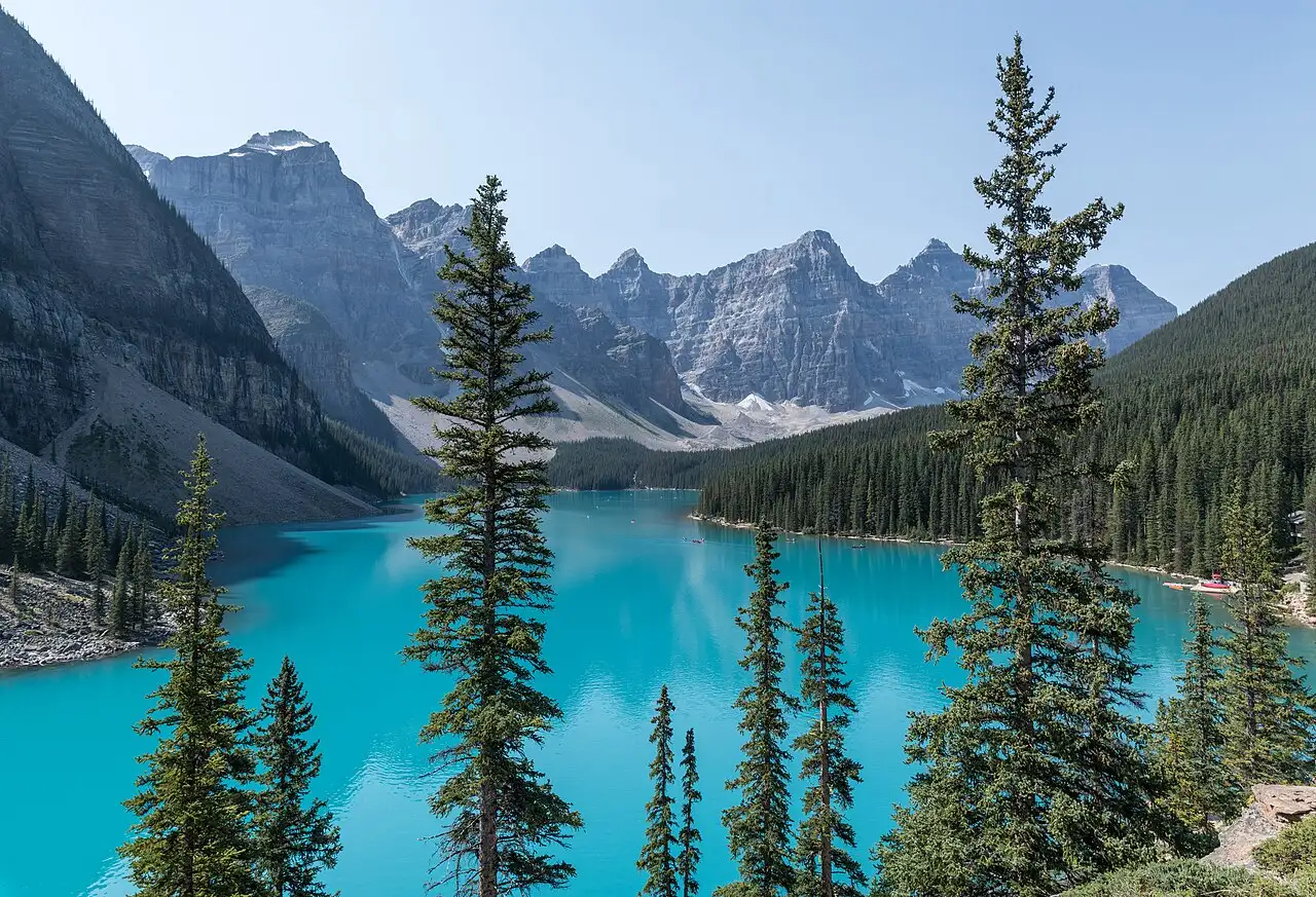 Moraine Lake and the Valley of the Ten Peaks seen from the rockpile on the north shore