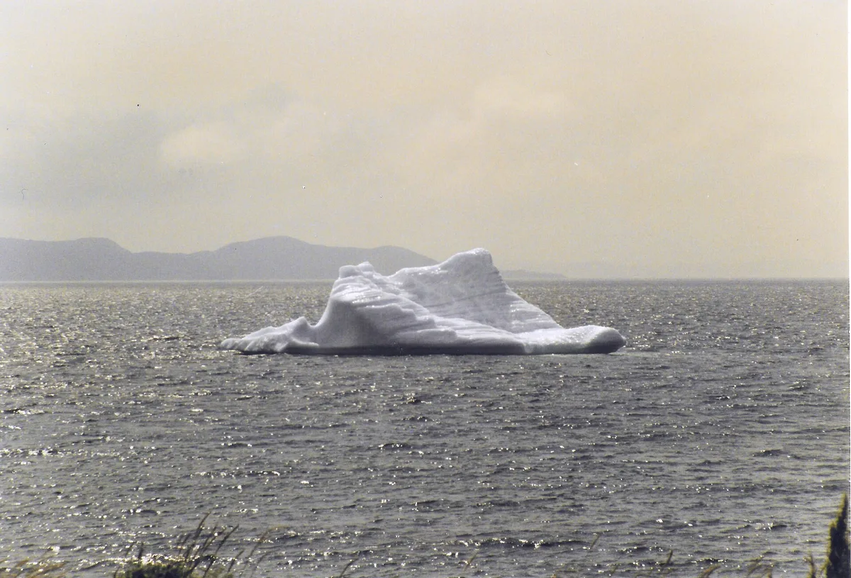 A white iceberg floating on a calm sea with low hills behind it off Twillingate