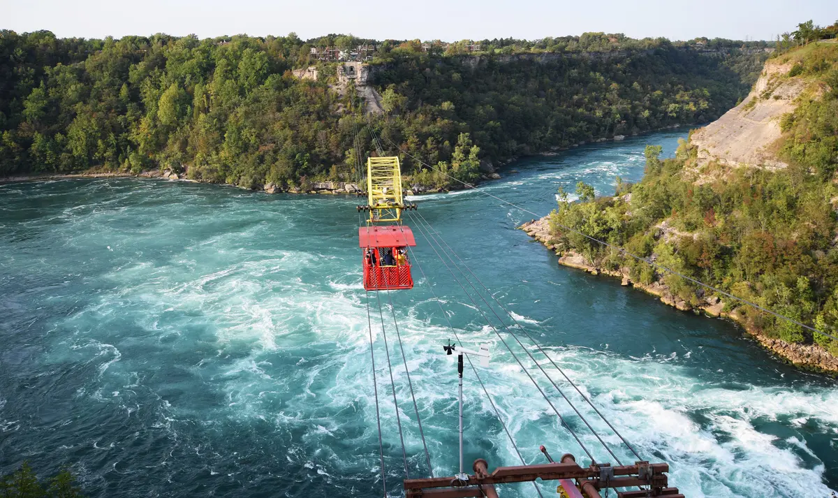 The antique Whirlpool Aero Car cable car crossing high above the Niagara whirlpool