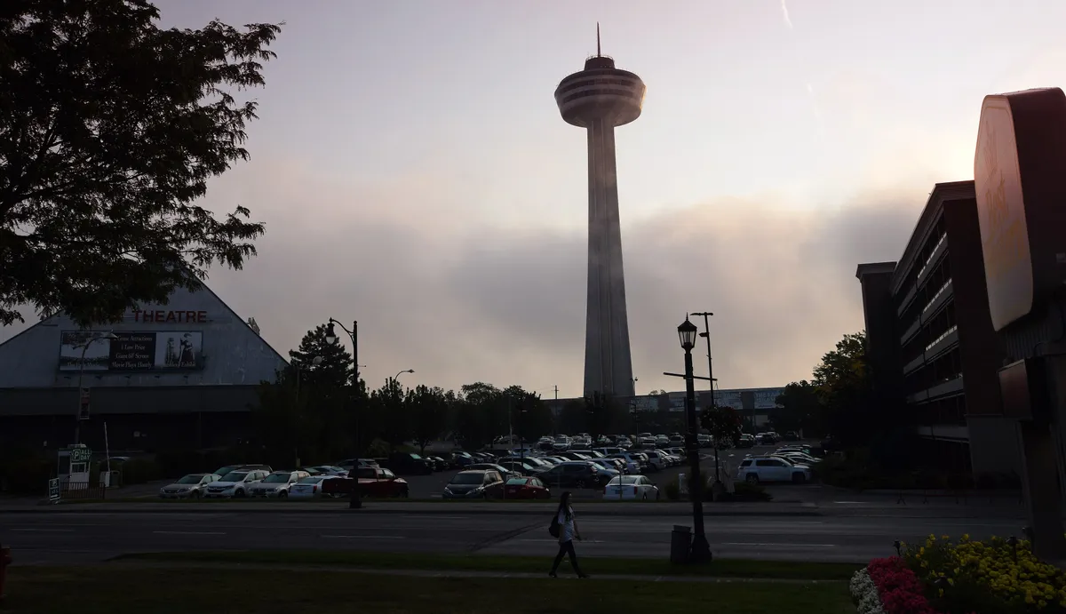 The Skylon Tower rising above the town of Niagara Falls, Ontario