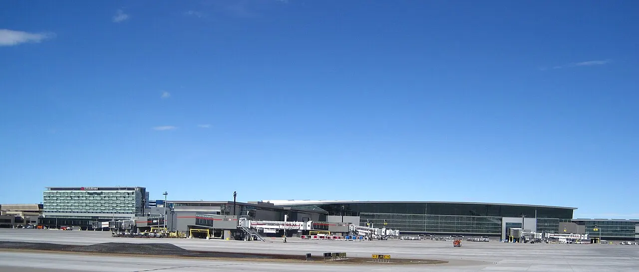 The terminal building at Calgary International Airport with aircraft parked at the gates