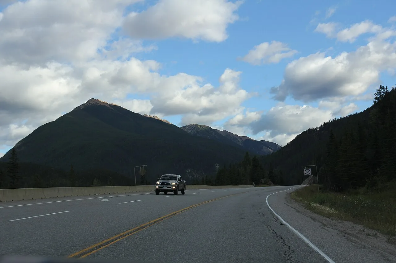 The Trans-Canada Highway climbing through Kicking Horse Pass on the Alberta-British Columbia border