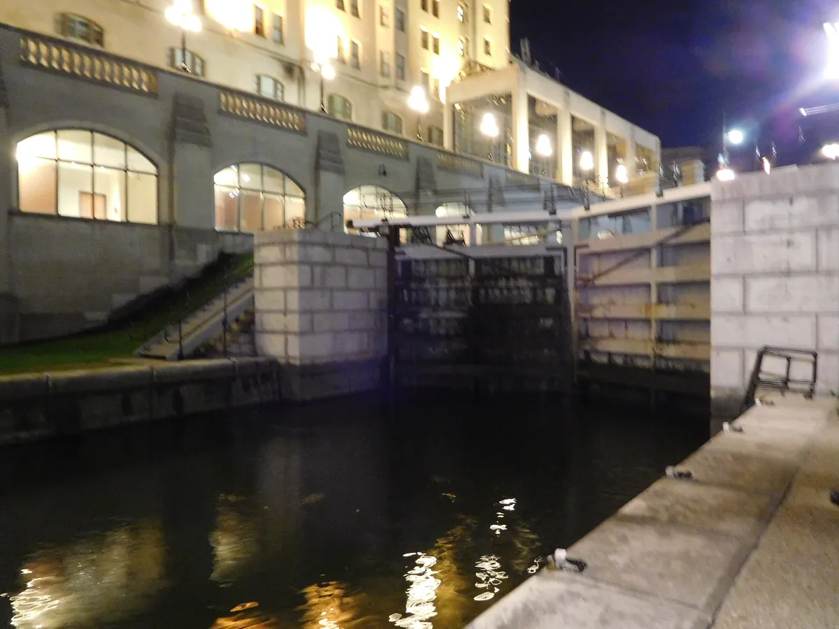 The flight of stone locks descending from the Rideau Canal to the Ottawa River in summer