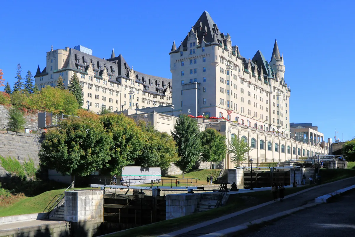The turreted Château Laurier hotel seen from the Ottawa Locks below
