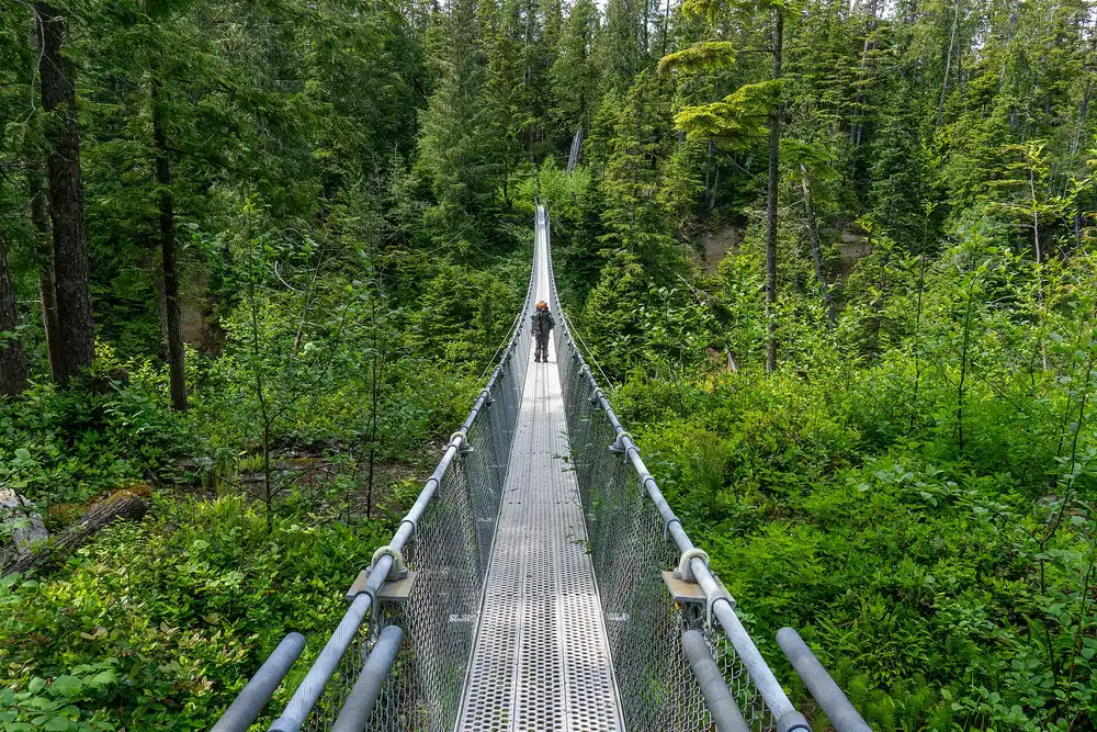 A hiker crossing the Logan Creek suspension bridge on the West Coast Trail