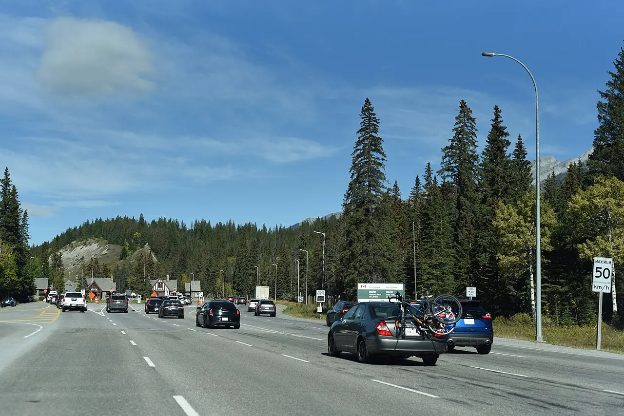 The Trans-Canada Highway running through Banff National Park with mountains on both sides