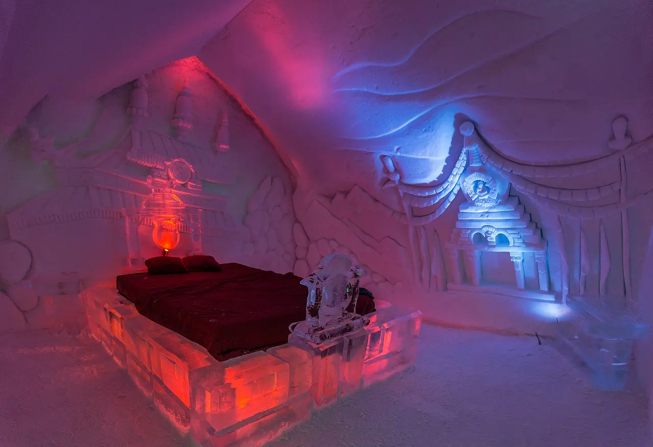 Arched snow and ice entrance of the Hotel de Glace near Quebec City