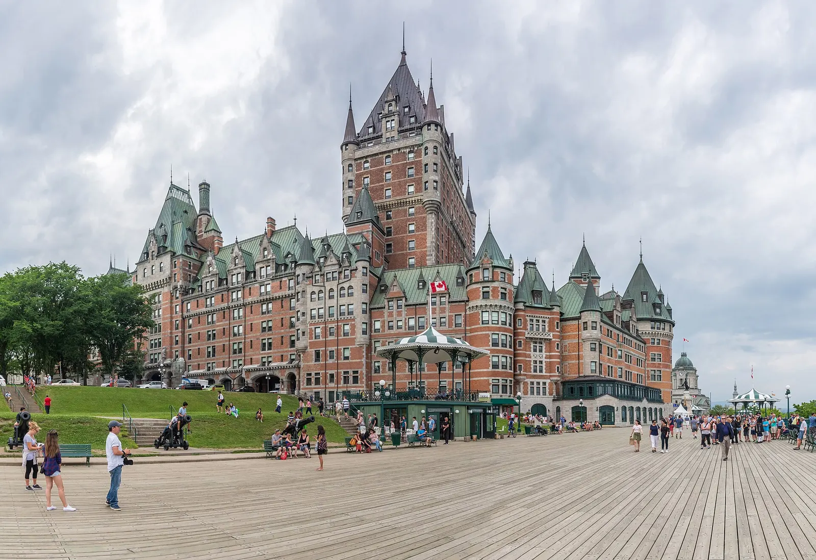 The Château Frontenac hotel rising above the Dufferin Terrace boardwalk in Old Quebec