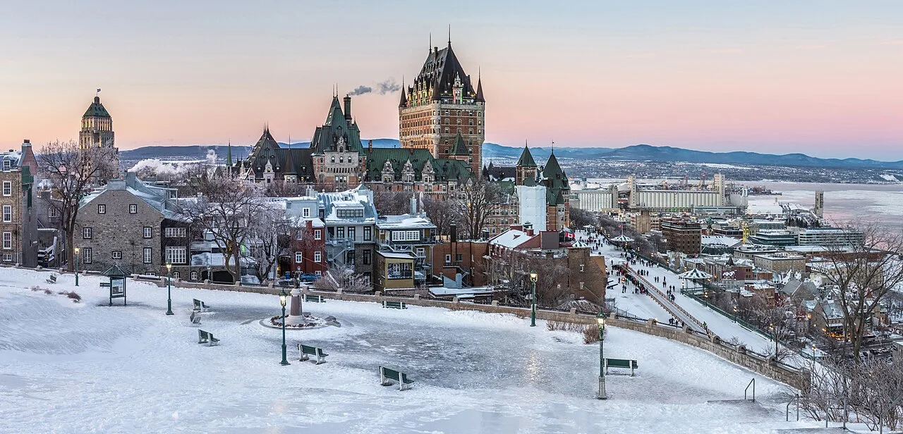 The Château Frontenac rising above Old Quebec after freezing rain