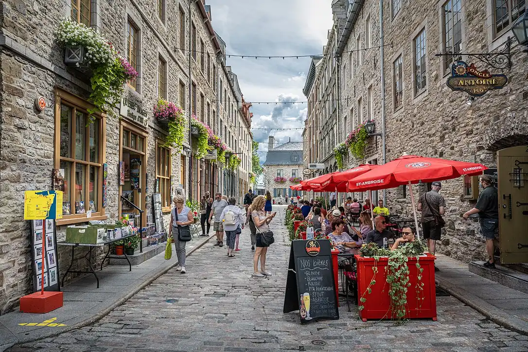 A narrow shop-lined street in the Quartier Petit-Champlain in Quebec City