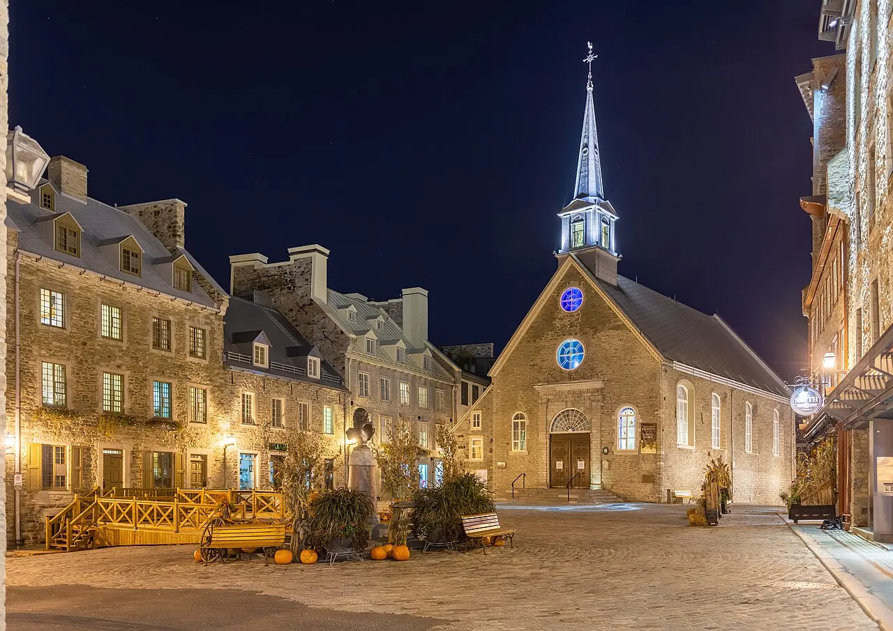 Place Royale in the Lower Town of Old Quebec lit up at night