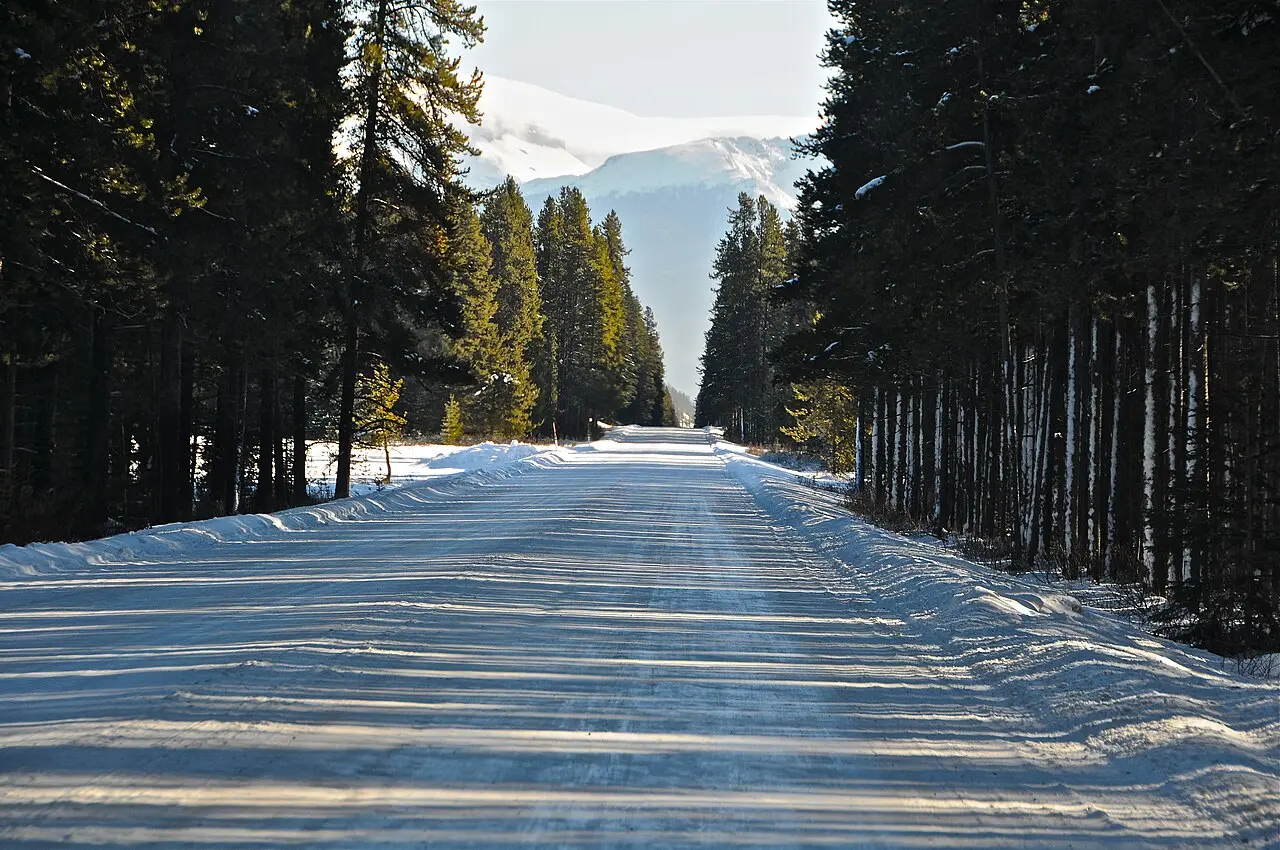 A snow-covered two-lane road curving through forested mountains in the Bow Valley under a grey winter sky