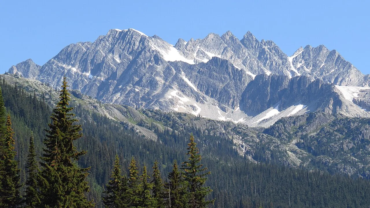 Peaks above Rogers Pass in Glacier National Park seen from the Trans-Canada Highway corridor