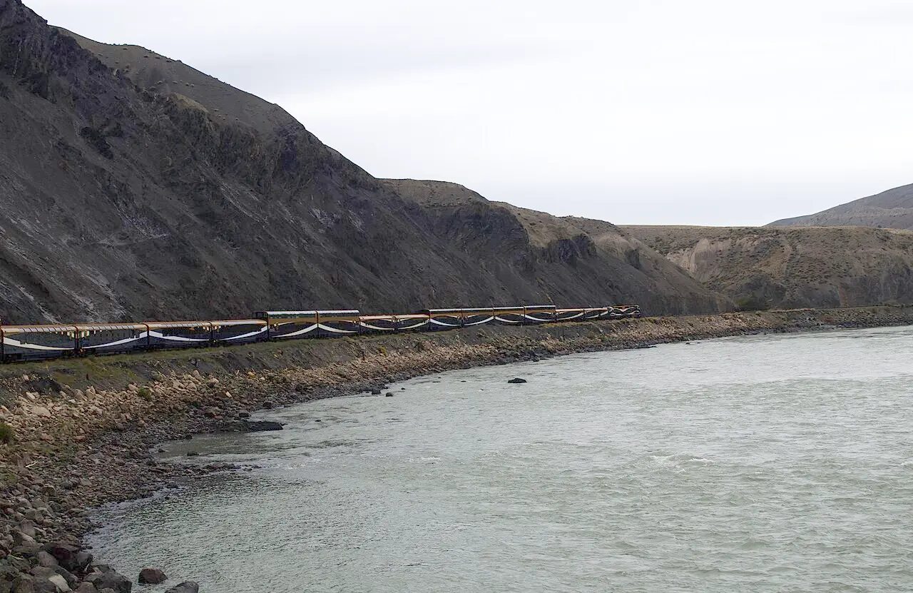 Rocky Mountaineer train in open country near Ashcroft, British Columbia