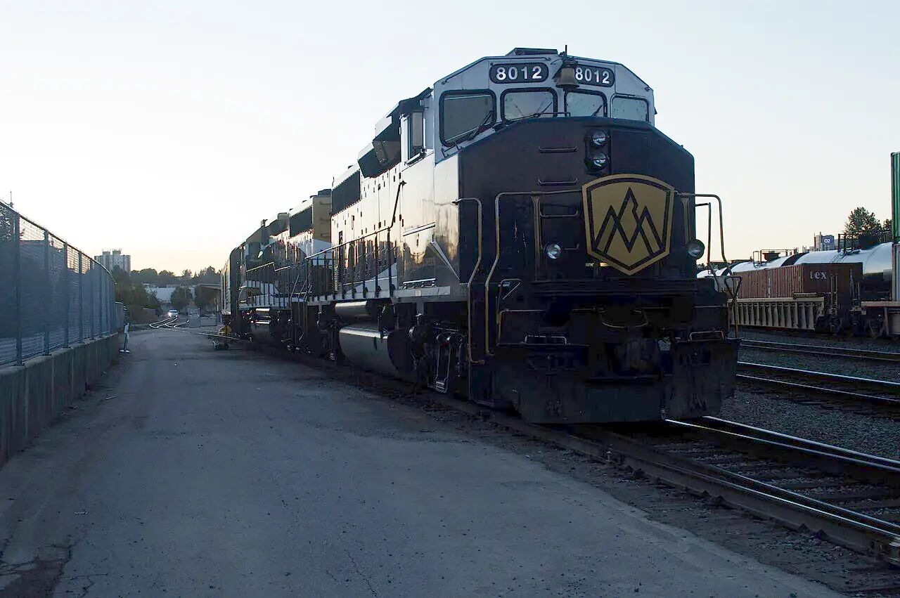 Rocky Mountaineer locomotives and coaches on Cottrell Street in Vancouver