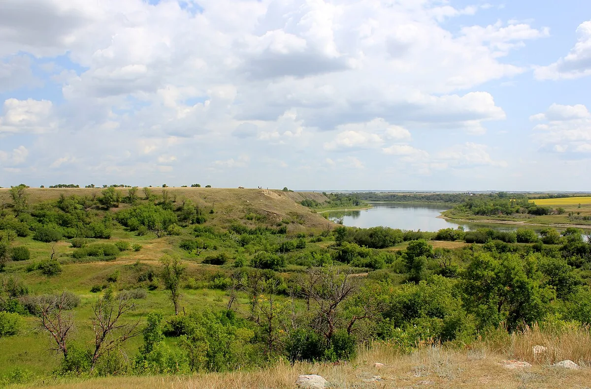 The wide South Saskatchewan River valley of grass and trees seen from a rise at Wanuskewin