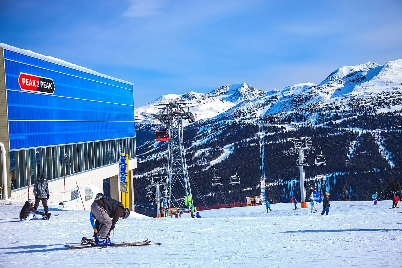 Skiers outside the Peak 2 Peak Gondola station at Whistler Blackcomb with snow-covered mountains behind