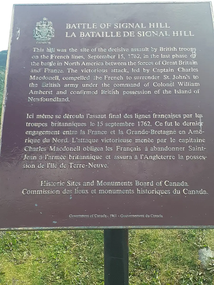Historic Sites and Monuments Board plaque for the Battle of Signal Hill, September 15, 1762
