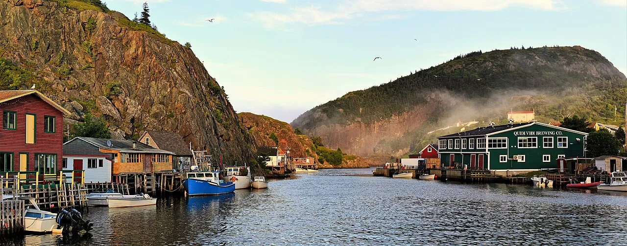 Panorama of Quidi Vidi Village harbour with houses and fishing stages