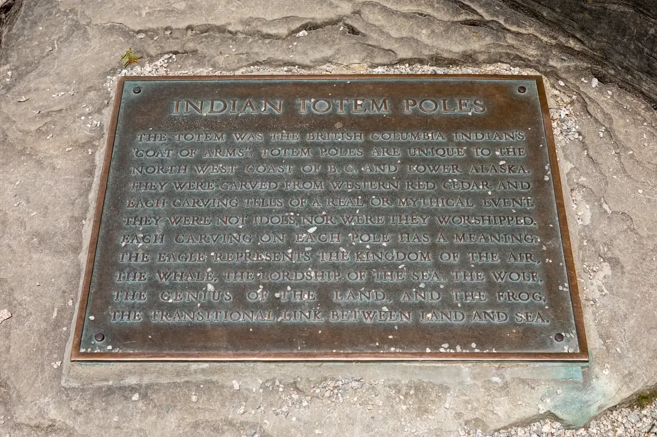Bronze plaque reading Indian Totem Poles at Brockton Point, Stanley Park