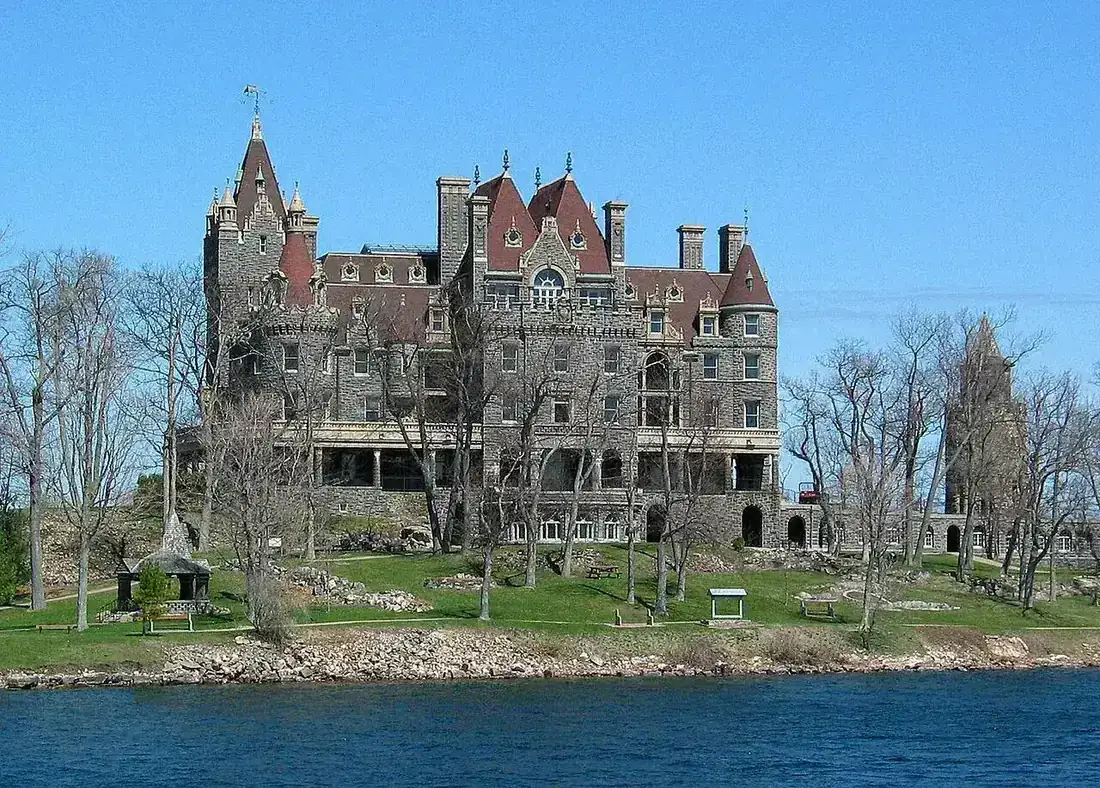 Closer view of Boldt Castle towers and stone walls from the St. Lawrence