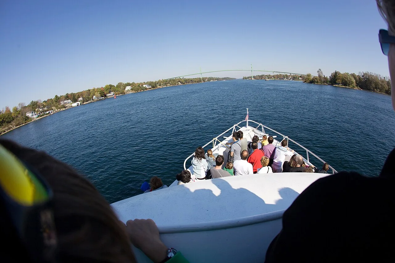 Narrow channel between wooded islands on the St. Lawrence River