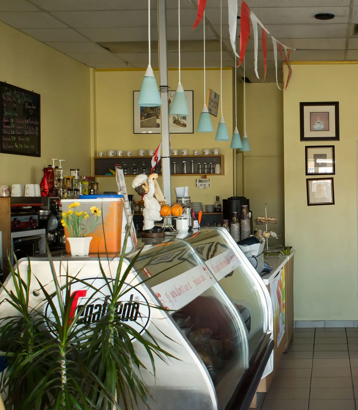 The counter and chalkboard menu of a small independent Canadian coffee shop