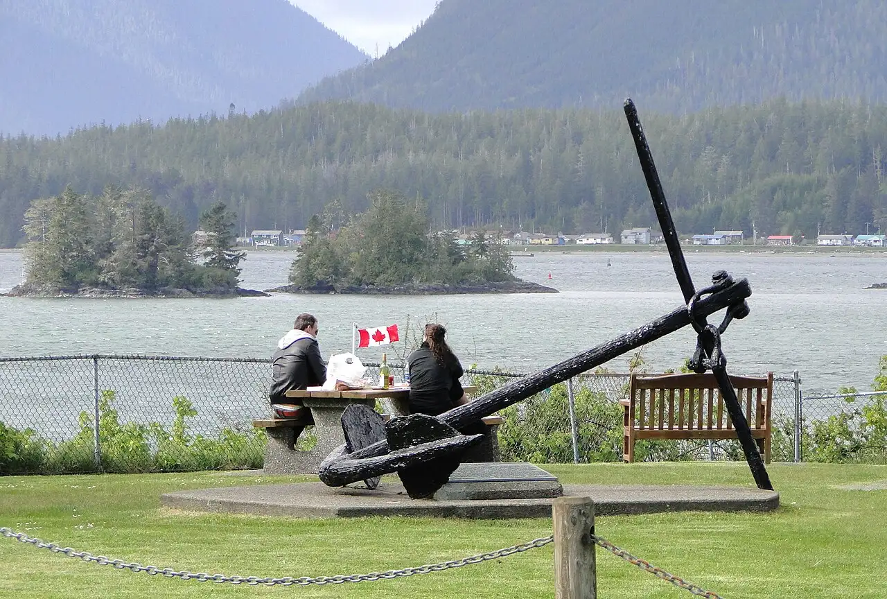 A small waterfront park in Tofino with a large ship's anchor on display