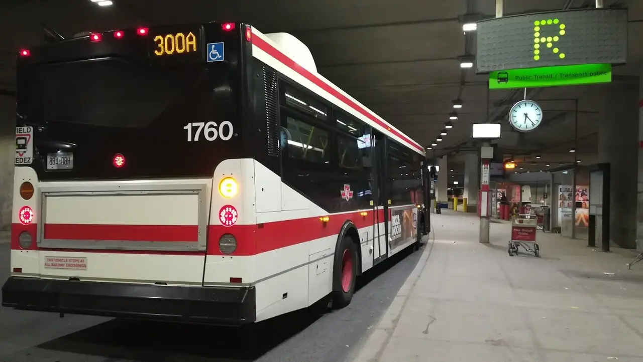 A TTC 300A Bloor-Danforth night bus at Toronto Pearson airport