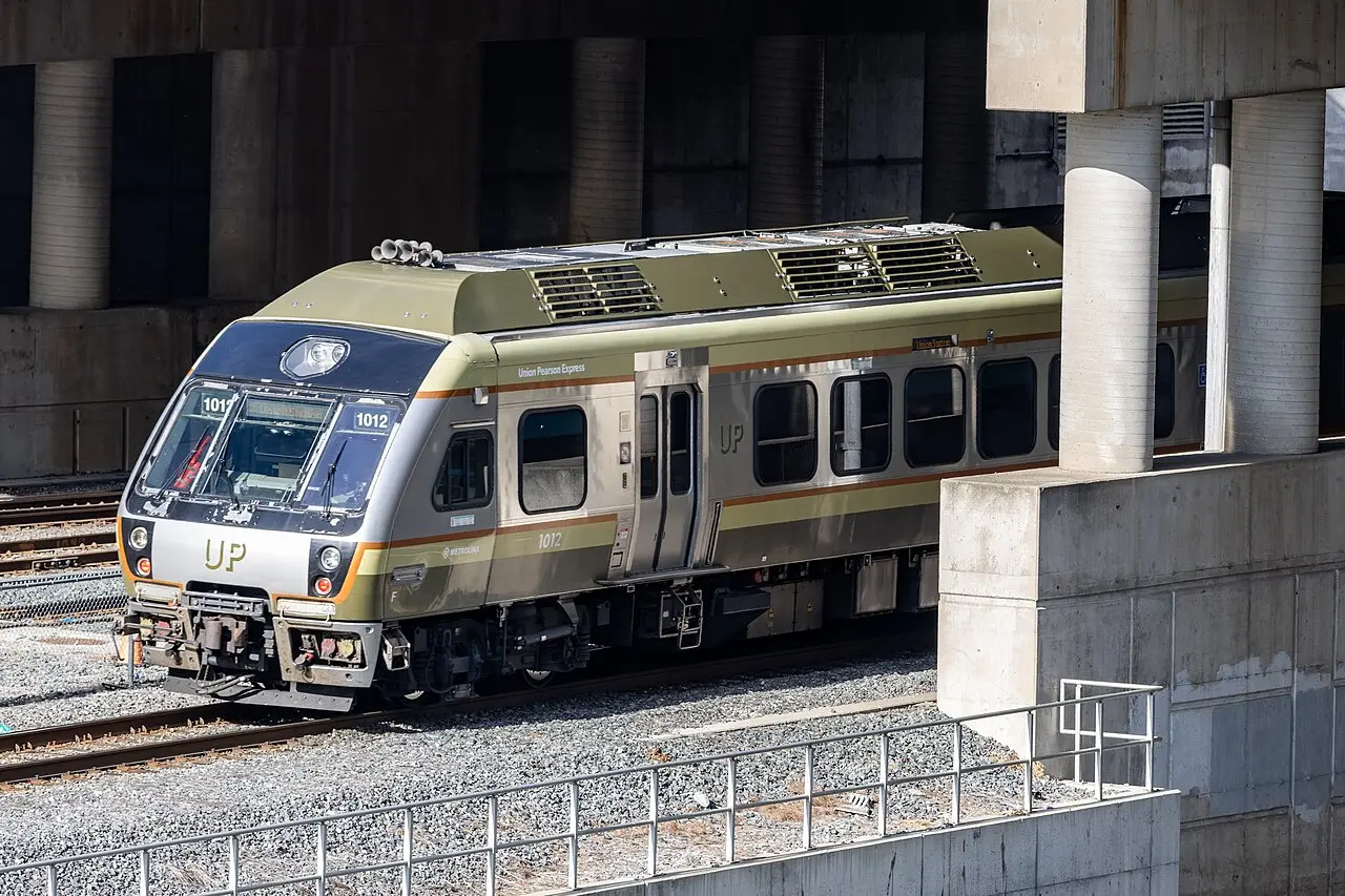 A UP Express train leaving Union Station in downtown Toronto