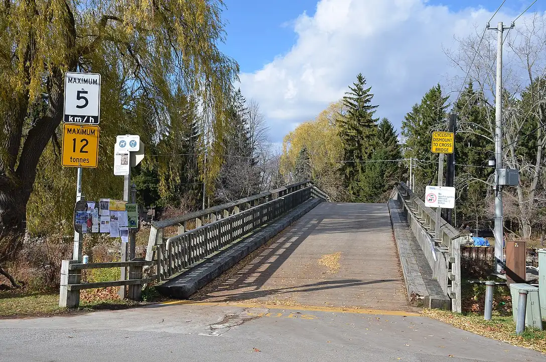 A wooden footbridge crossing a channel between two of the Toronto Islands