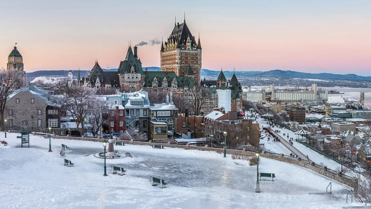 Château Frontenac and the Quebec City skyline above the St. Lawrence after a freezing rain