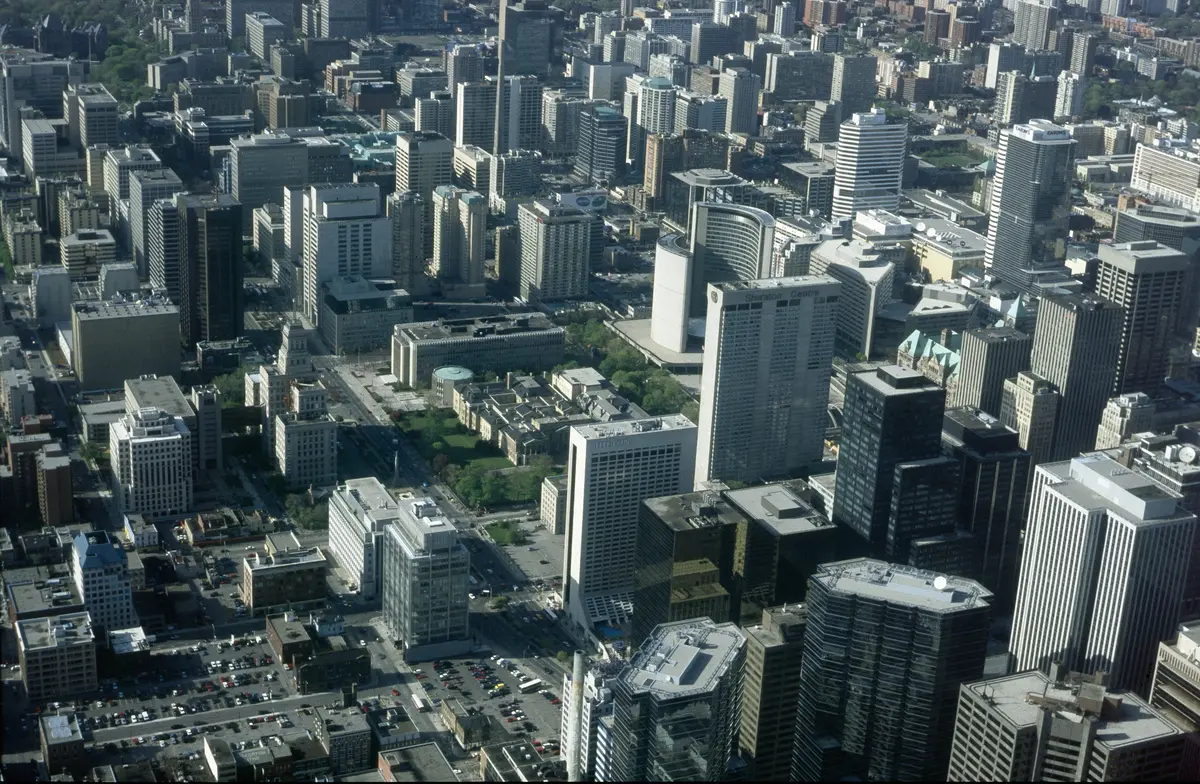 The view over downtown Toronto towards City Hall and Lake Ontario from the CN Tower
