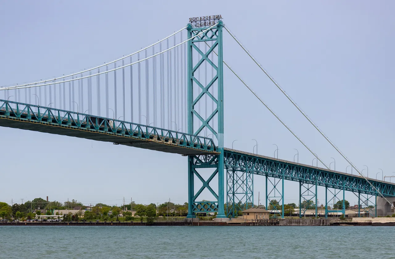 The Ambassador Bridge spanning the Detroit River between Windsor, Ontario and Detroit, Michigan