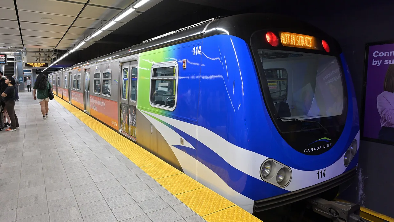 A Canada Line SkyTrain waiting at Waterfront station in downtown Vancouver