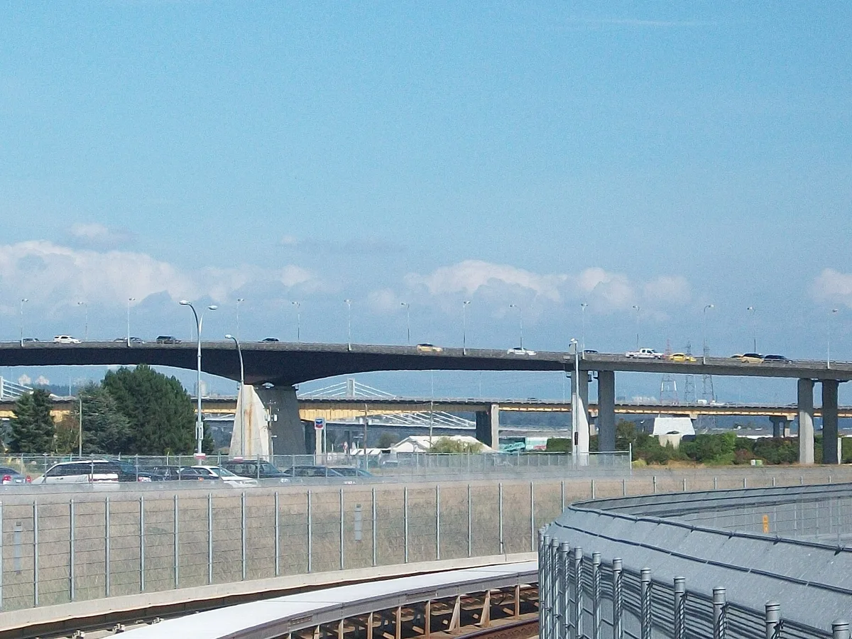 The view from a SkyTrain crossing a bridge over the Fraser River near Vancouver
