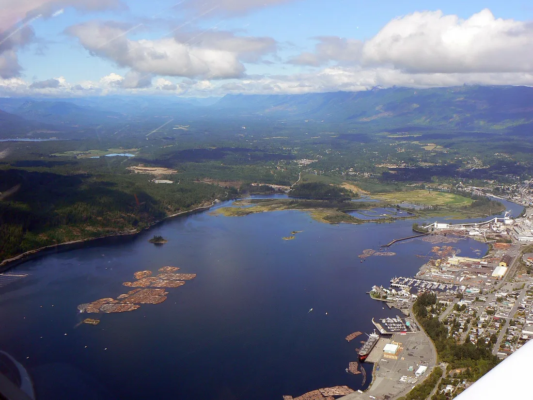 Aerial view of Port Alberni and its harbour at the head of the Alberni Inlet on Vancouver Island